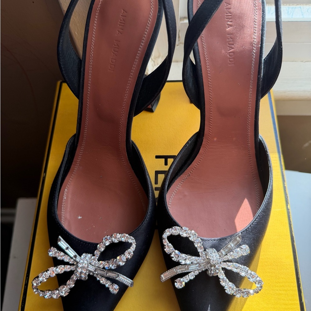 Amina Muaddi Black and Pink Heels